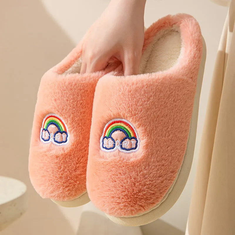 Kawaii rainbow embroidered warm plush slip-on slippers with rubber sole round toe indoor home footwear