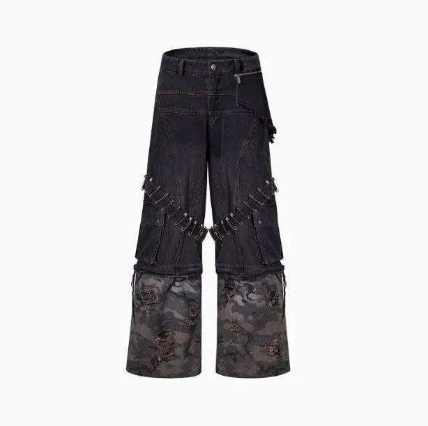 Men's grey camouflage jeans with splicing structure and pin ribbon detailing in cotton denim