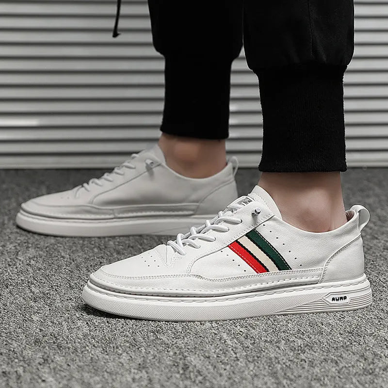 White casual lace-up leather shoes with inner height increase, round toe, rubber outsole, on a clean background