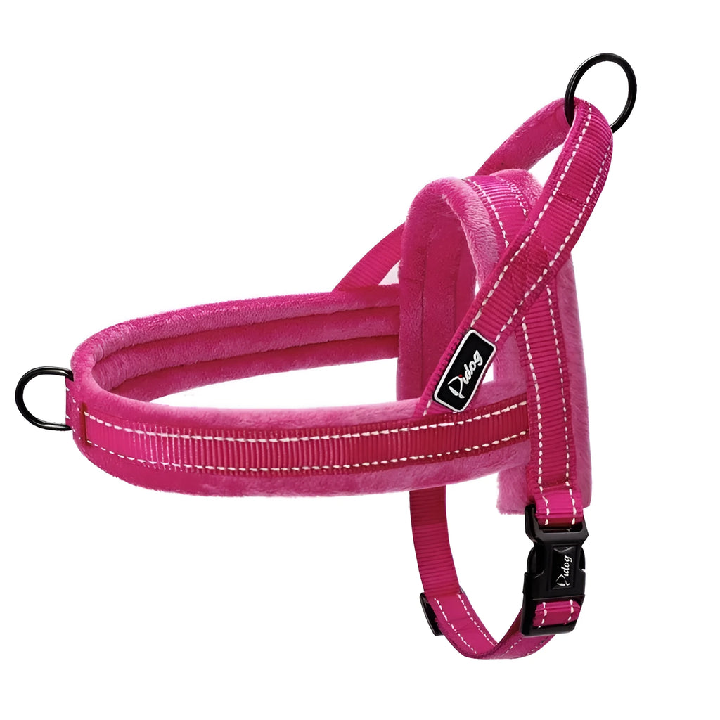 No pull dog harness: leather with padded strap, colour options Black, Blue, Pink, sizes L to XXS