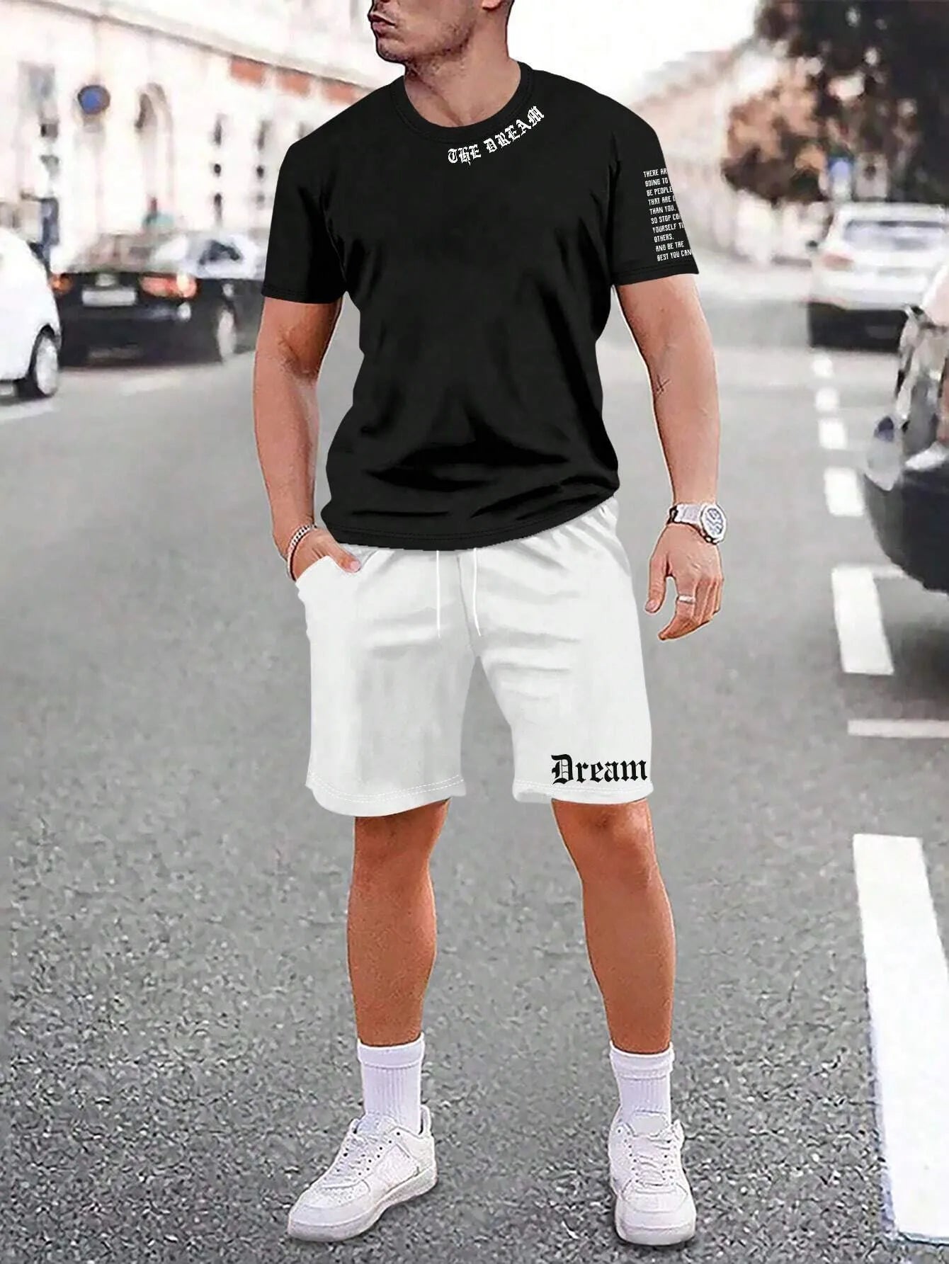 Sports-style short sleeve shirt and matching shorts set in a printed pattern, shown in colour G23P1573.