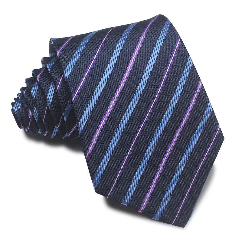 Men's striped jacquard business tie in red, showing arrow head shape and 8cm width.