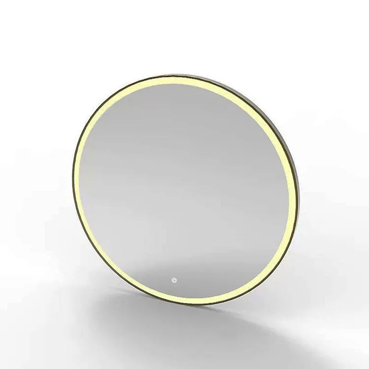 Round black aluminium frame LED bathroom mirror mounted on wall with touch control for light.