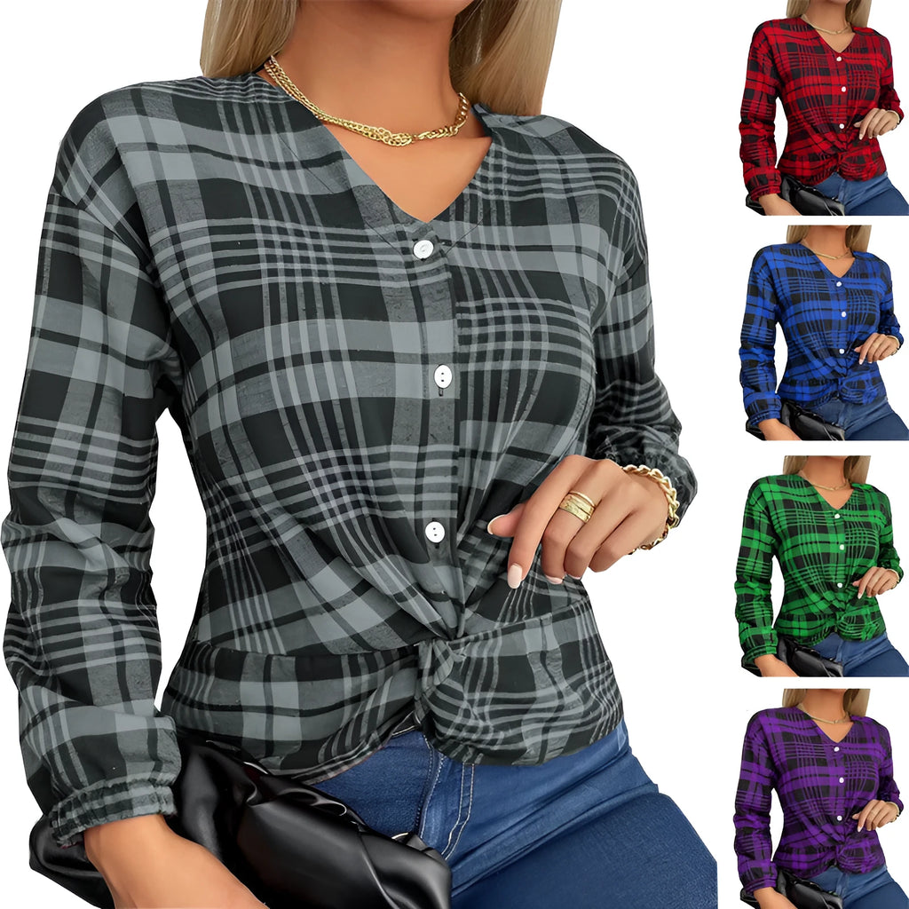 Women's grey plaid loose long sleeve casual shirt on a hanger.
