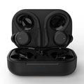 Black hanging ear wireless sports headphones with removable ear hooks on a blue background.