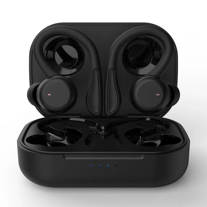 Black hanging ear wireless sports headphones with removable ear hooks on a blue background.