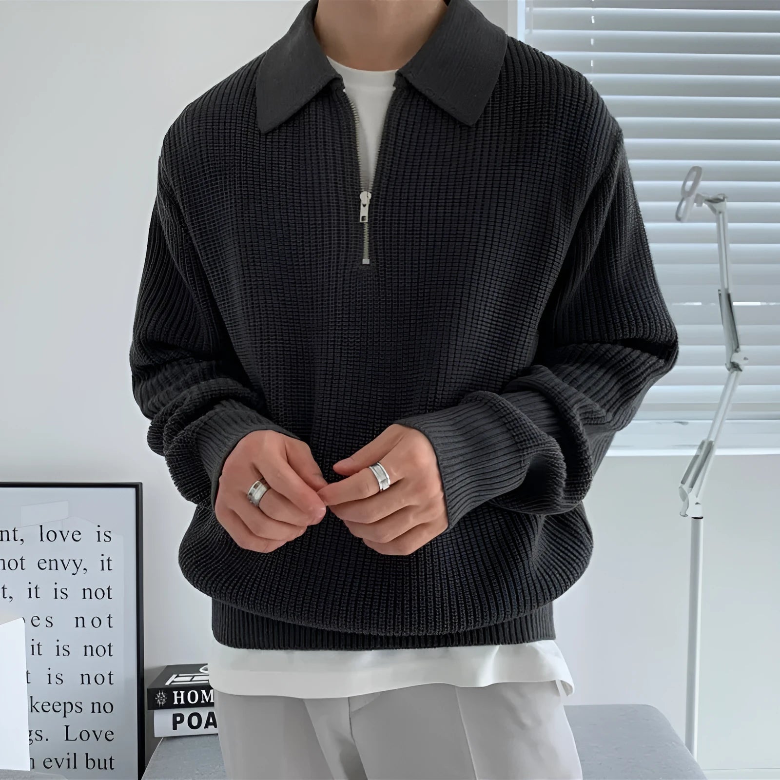 Men's lapel sweater winter pullover loose knitwear light business casual in khaki