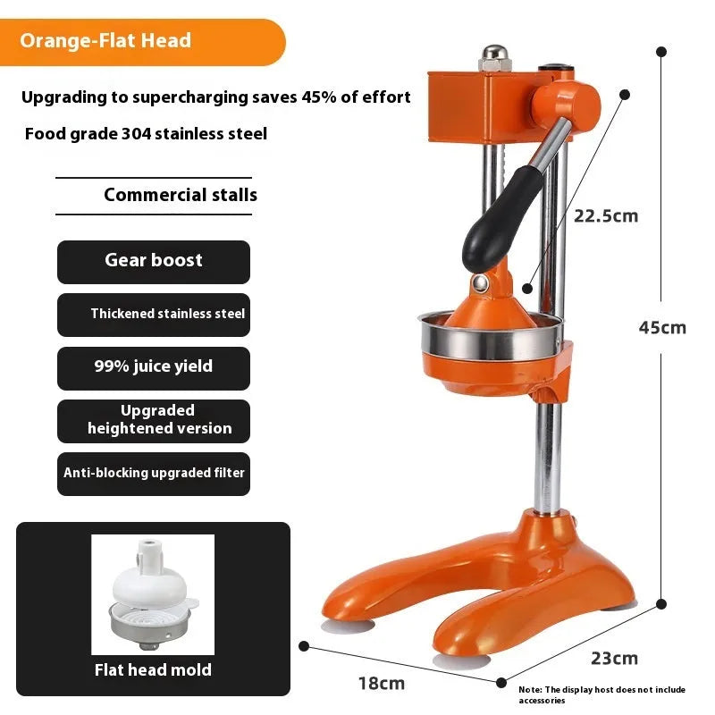 Vertical stainless steel manual citrus juicer shown in selected colour with chosen head style: pointed, flat, or double.