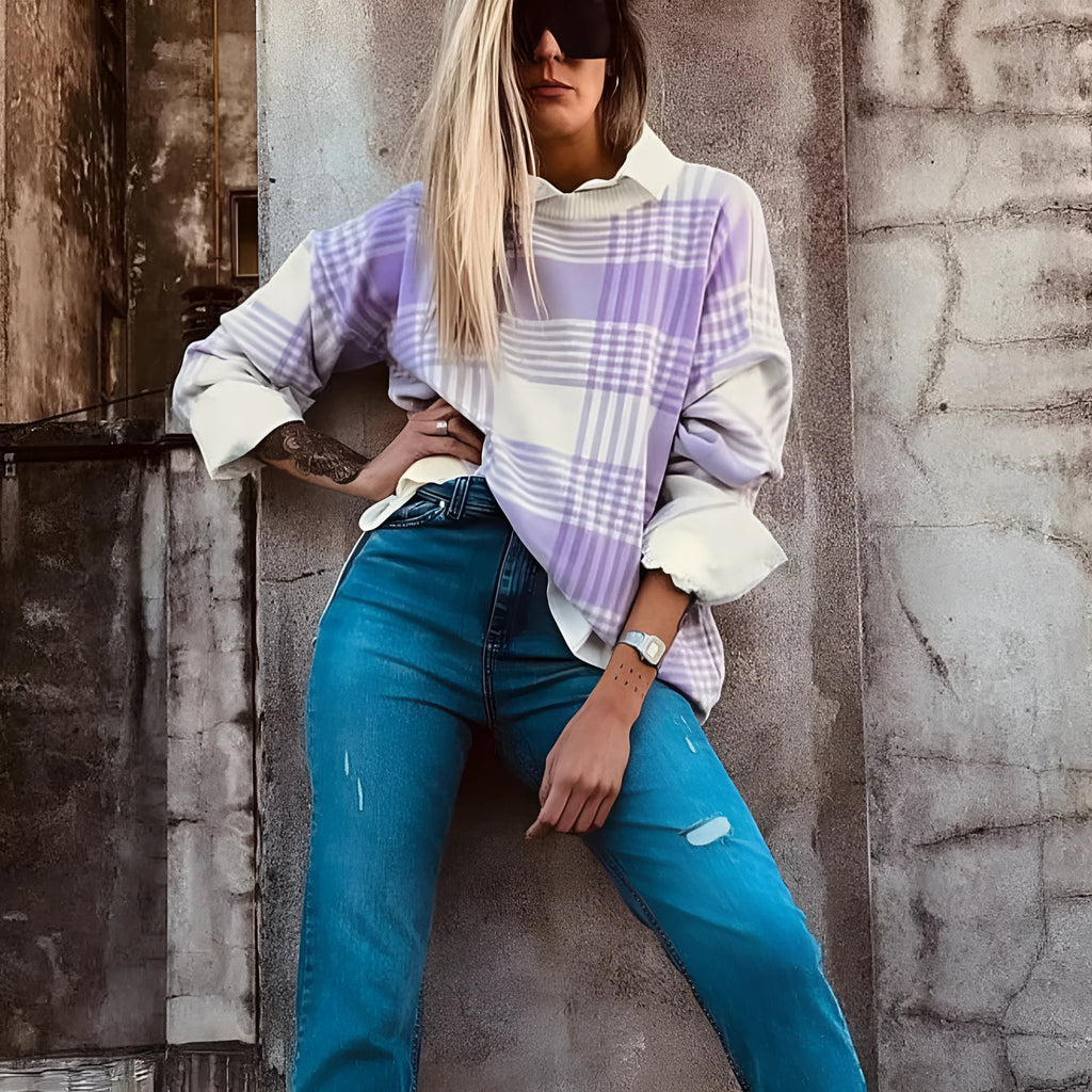 Women's lilac plaid print loose sweater with ribbed trim on cuffs and hem.