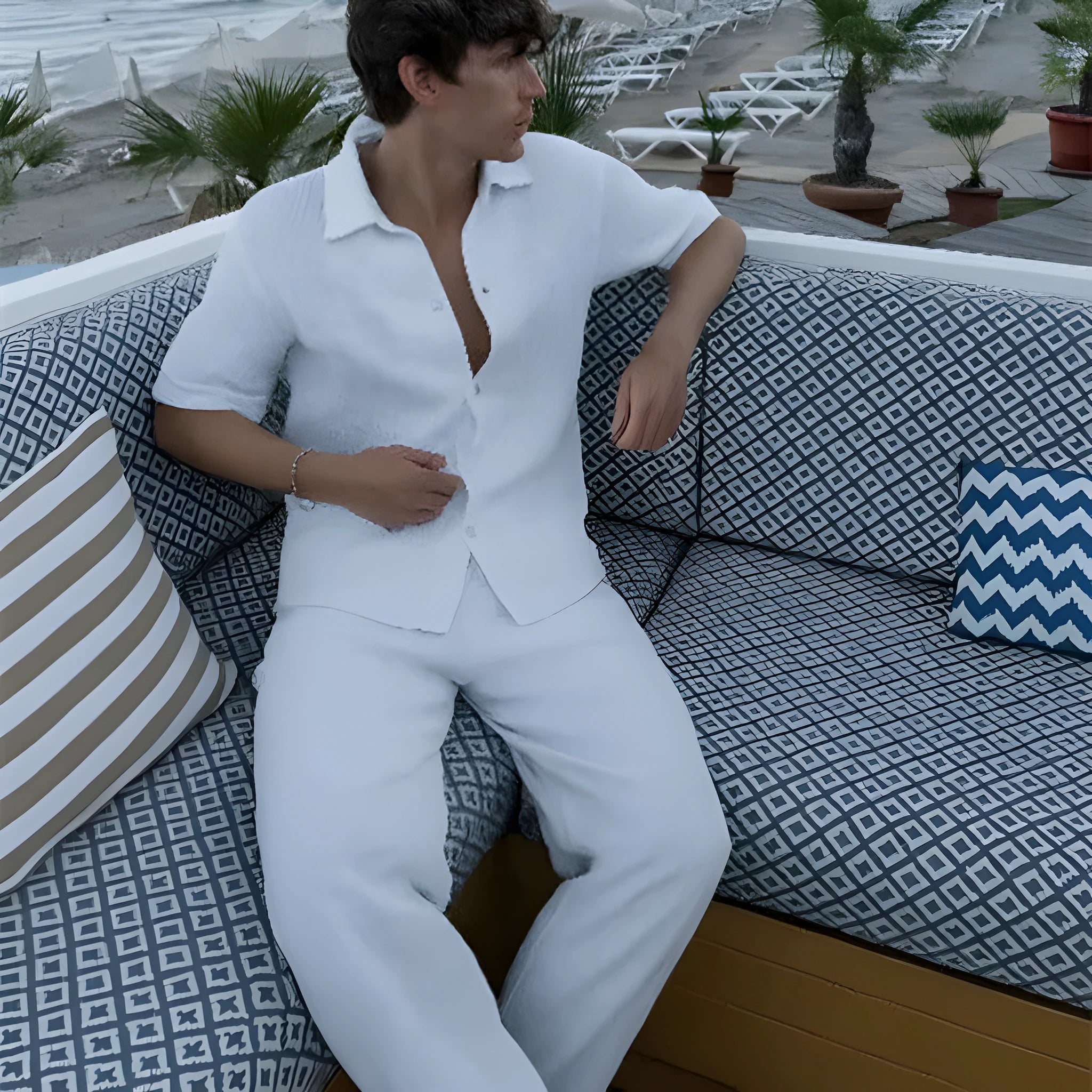 Street hipster style two-piece suit set with a 3D printed pattern, showing the pullover top and trousers in colour LLWY060-35.