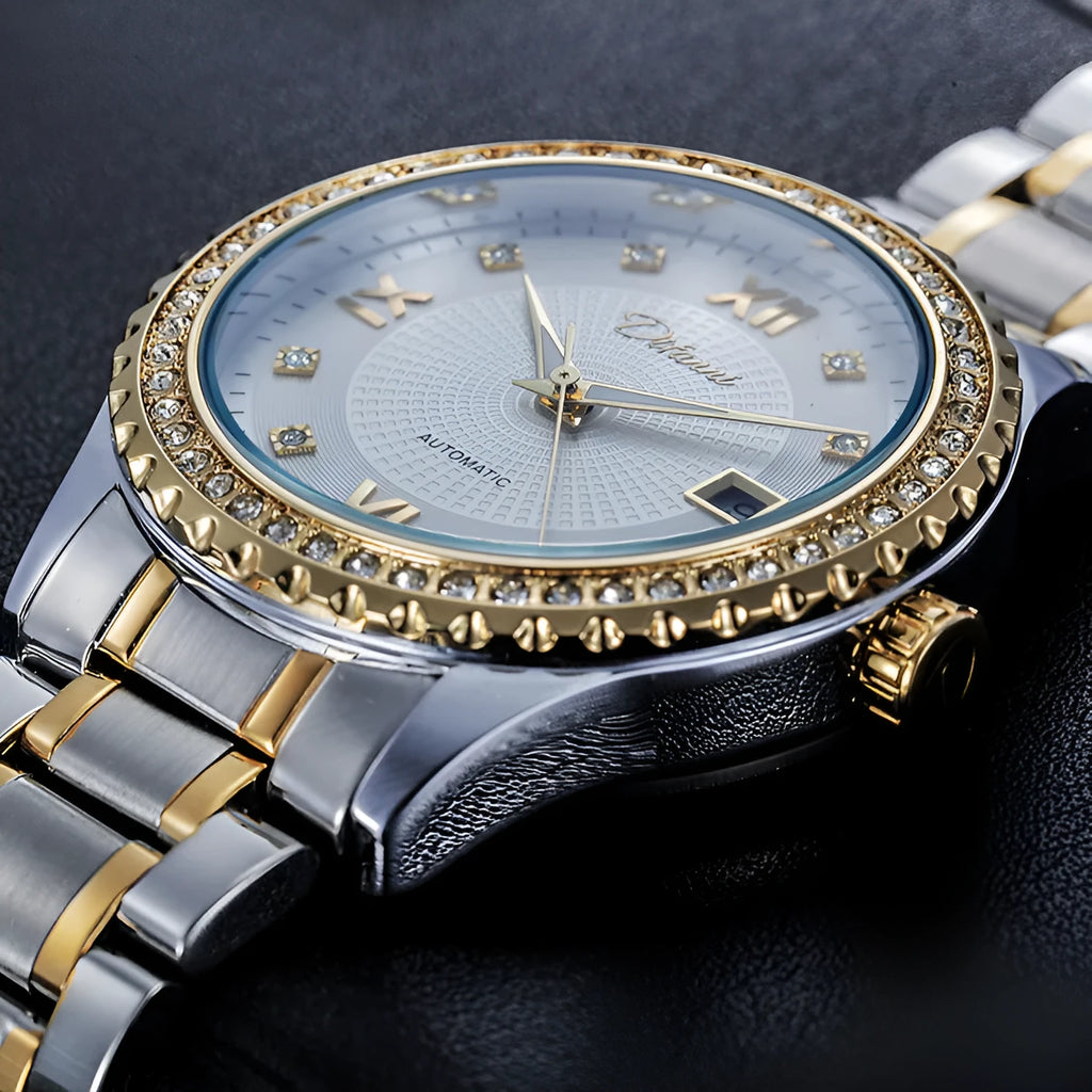 Men's gold and silver automatic mechanical watch with luminous hands on black and white dials.