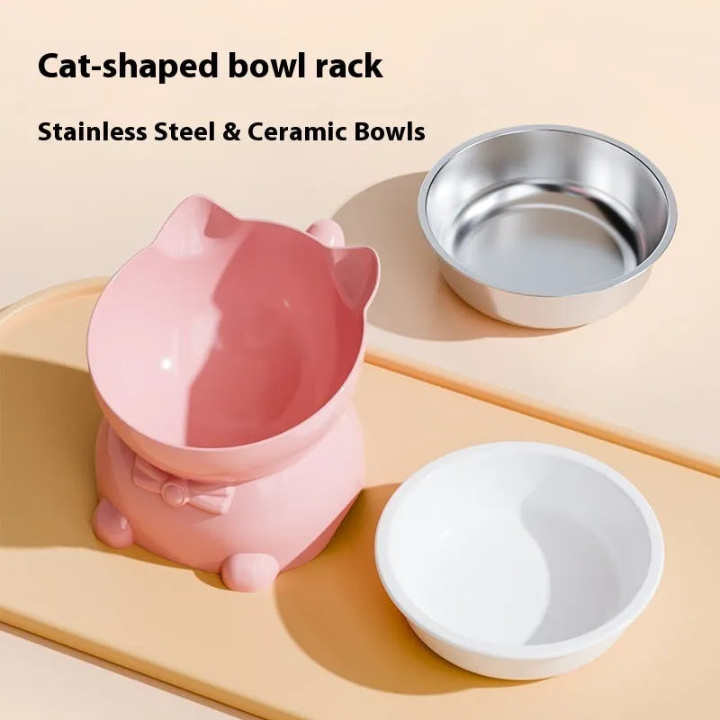 Stainless steel angled cat bowl in blue with a tilted design and a black silicone non-slip ring on its base.