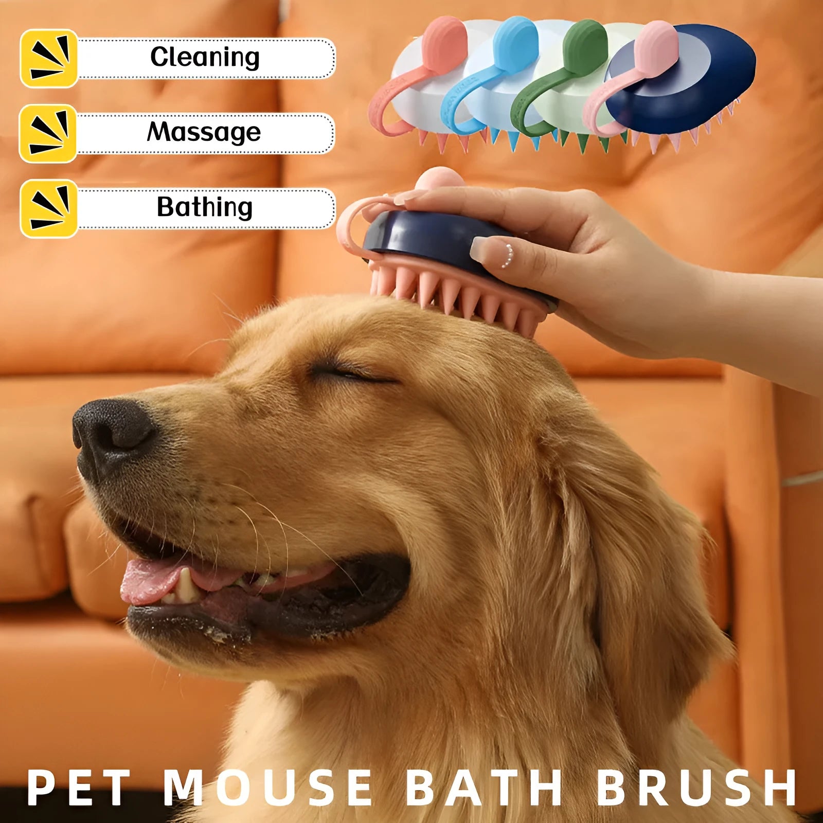 Handheld soft silicone pet hair remover and massage brush for dogs in assorted colours.