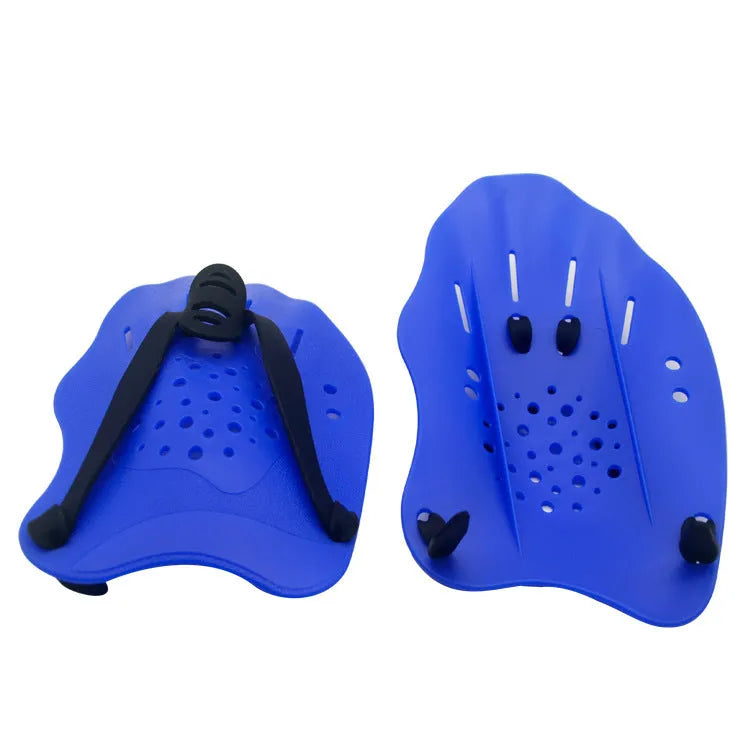 A pair of solid black webbed swimming training paddles with adjustable neoprene straps, shown on a blue background.
