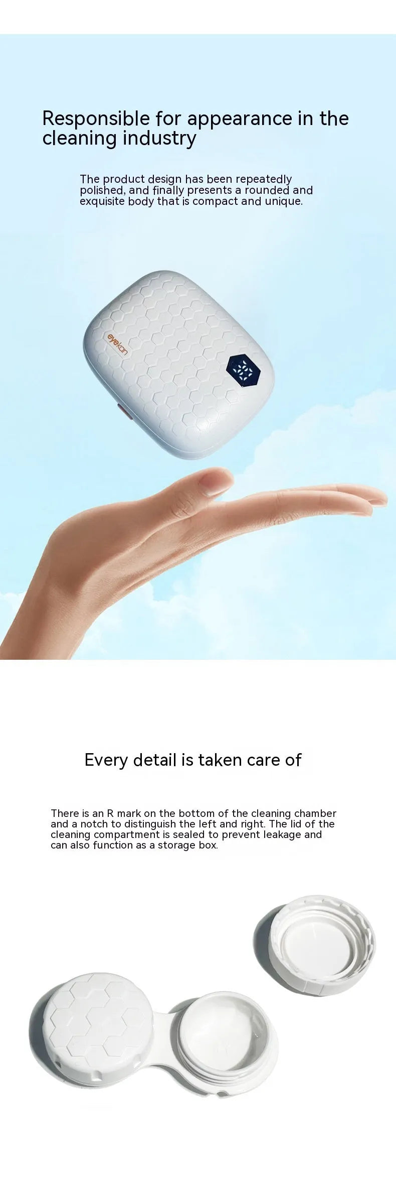 Pearl white automatic ultrasonic flushing instrument for cleaning invisible glasses on a table.