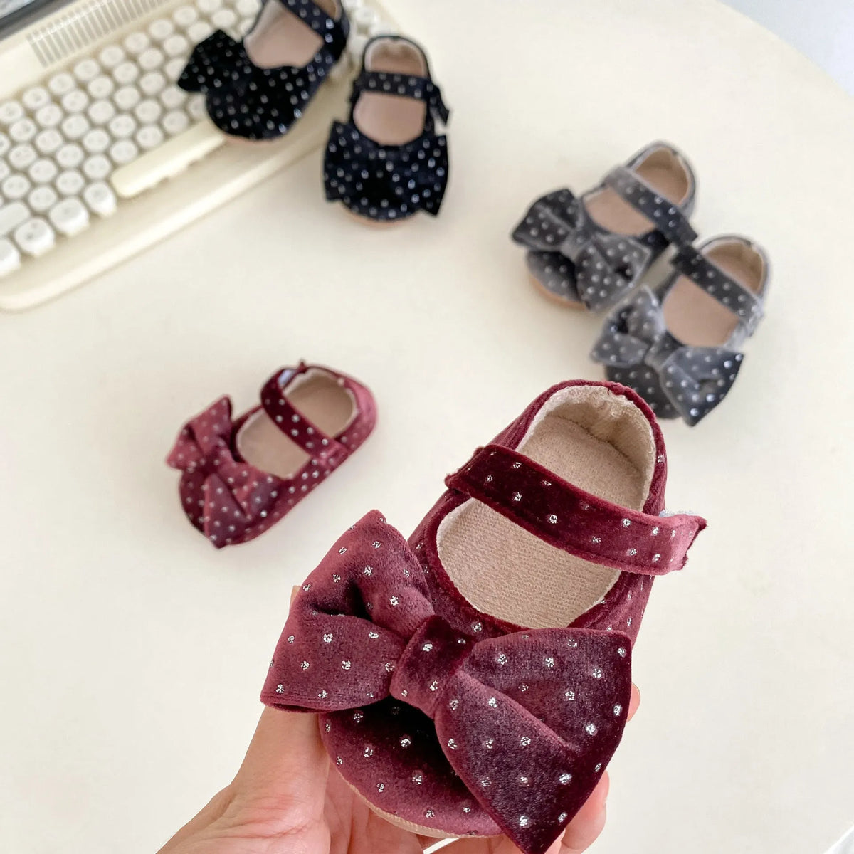 Baby girl toddler shoes with big bow, rubber sole, low top, sizes 11cm to 13cm, black magenta melange grey