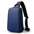 Blue men's Oxford cloth chest bag with double shoulder straps, shown with soft handle.