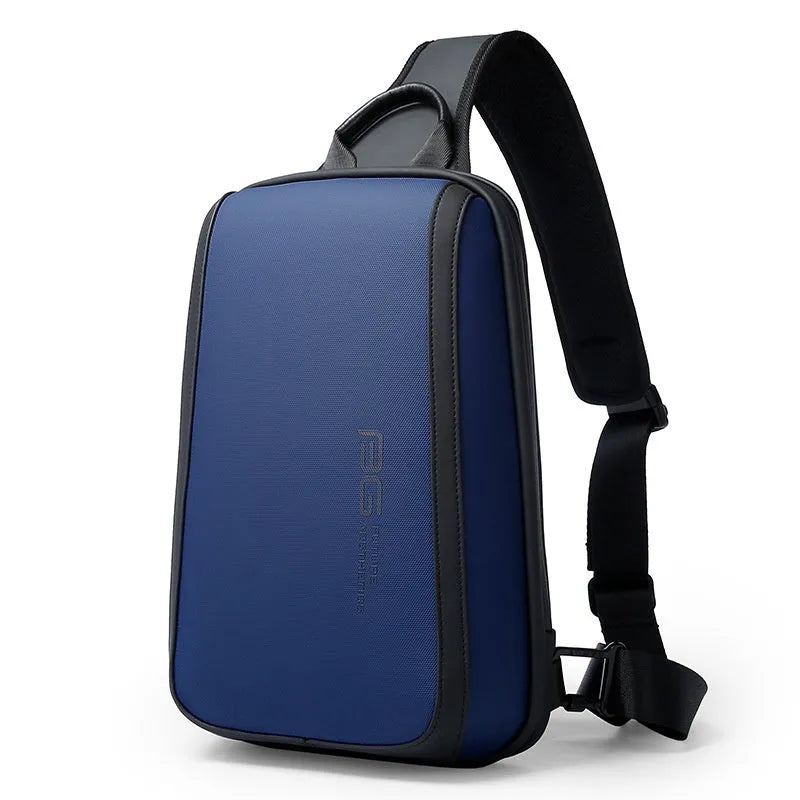 Blue men's Oxford cloth chest bag with double shoulder straps, shown with soft handle.
