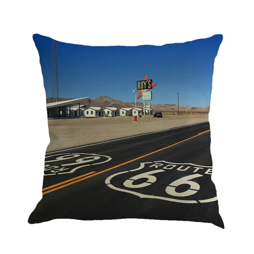 Route 66 landscape pattern linen cushion cover 45x45cm in cotton linen blend