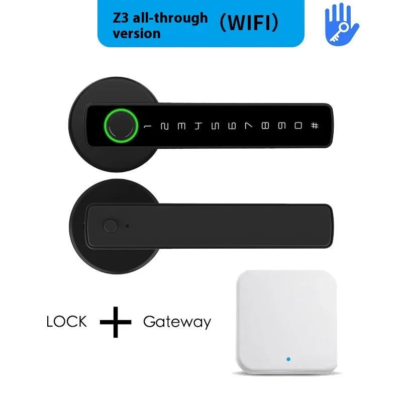 Black smart door lock with fingerprint scanner and credit card-style doodle board for wooden interior doors