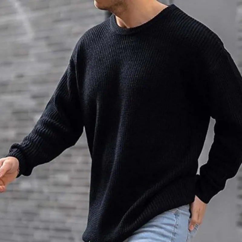 Men's acrylic knit sweater solid colour round neck long sleeve in white on model
