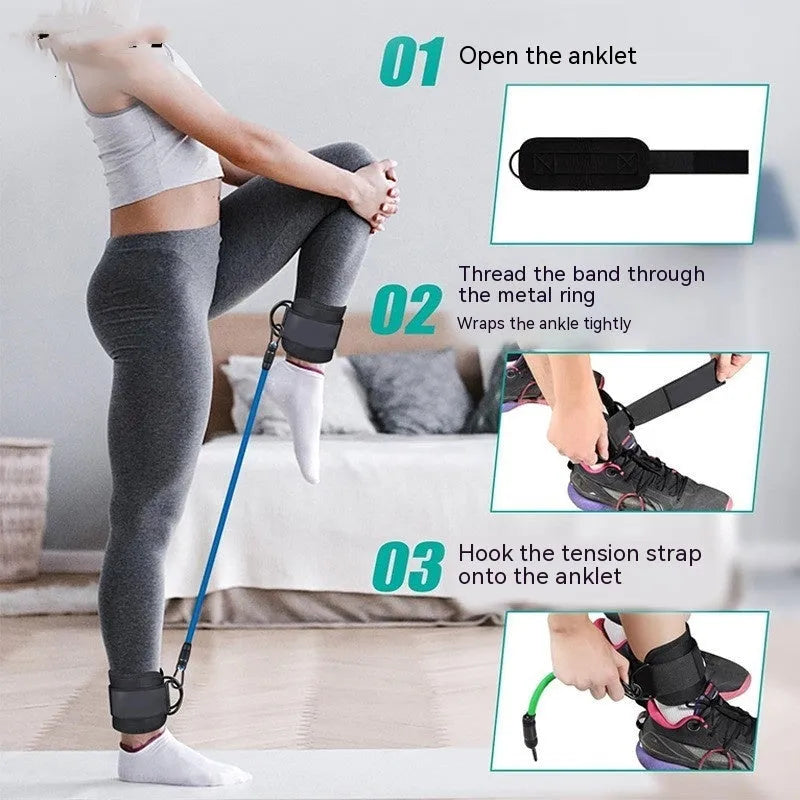 Set of three blue TPE resistance bands (10lb, 20lb, 30lb) with ankle buckles, two black foot loops, and a grey storage bag.