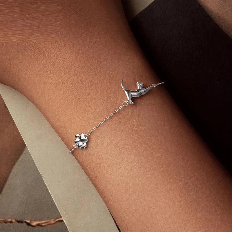 S925 sterling silver cat pendant bracelet for women, silver chain with cat charm