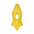 Women's solid colour halter neck one-piece swimsuit with matching skirt wrap