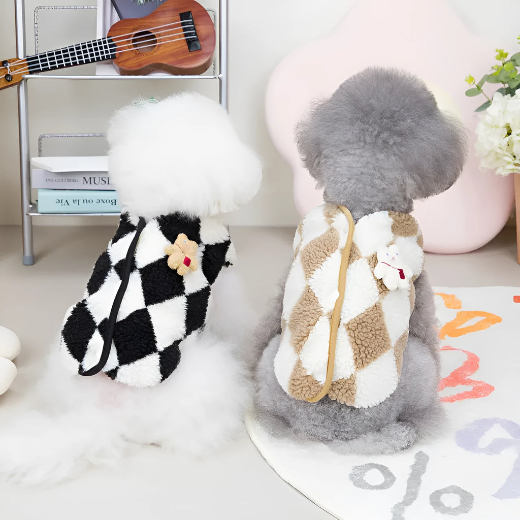 Pet checkerboard vest jacket in brown coral velvet with diamond plaid pattern for cats and dogs