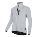 Silver waterproof polyester windbreaker jacket with long sleeves shown on a hanger.