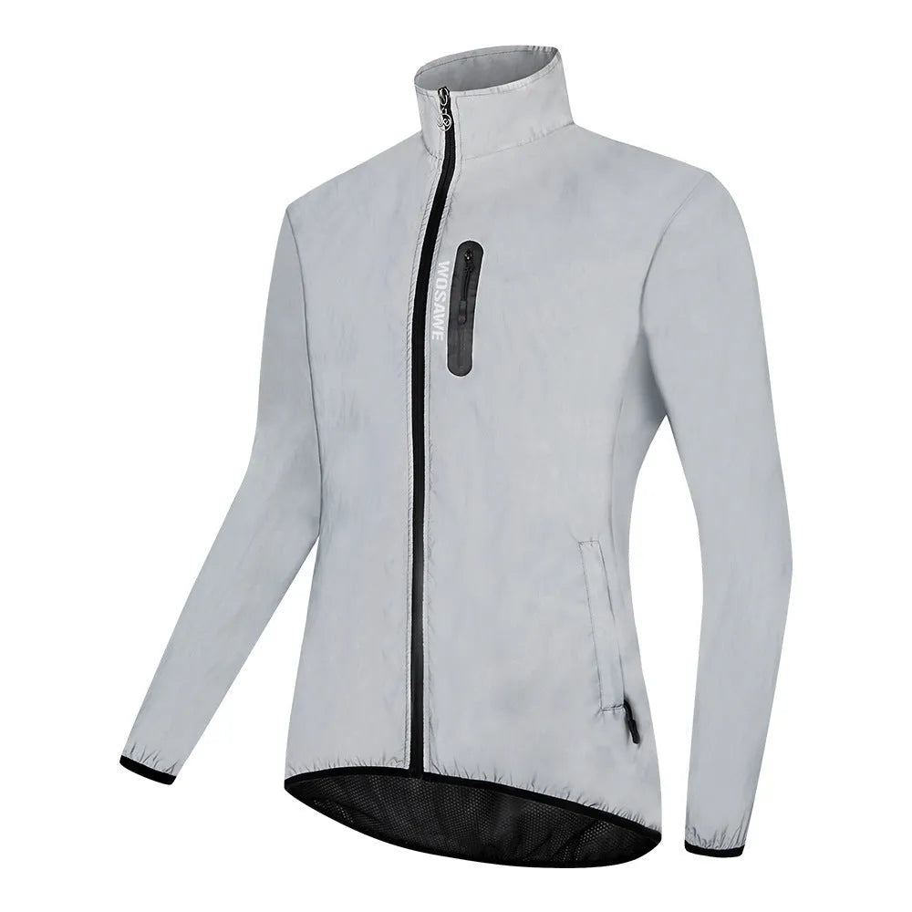 Silver waterproof polyester windbreaker jacket with long sleeves shown on a hanger.