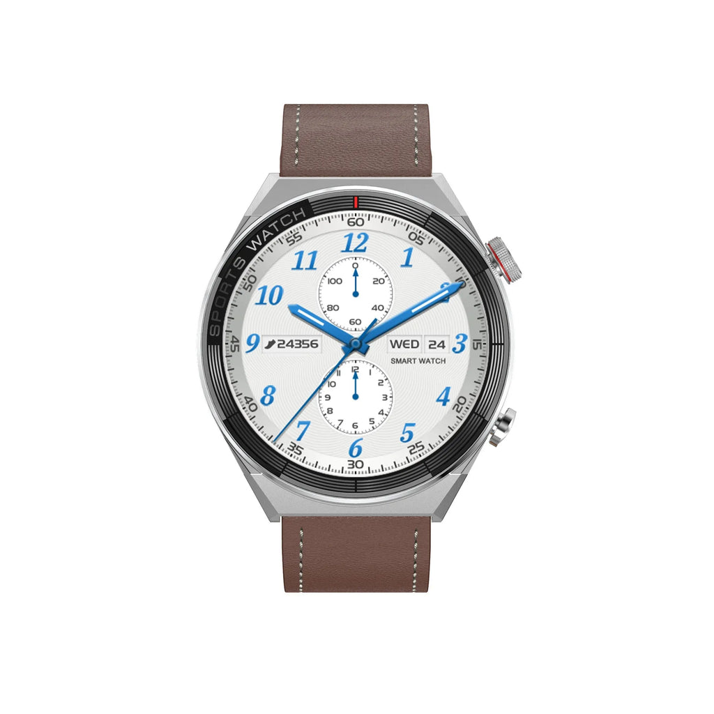 Black smart watch with 1.5-inch colour screen showing digital interface on leather strap