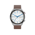 Black smart watch with 1.5-inch colour screen showing digital interface on leather strap