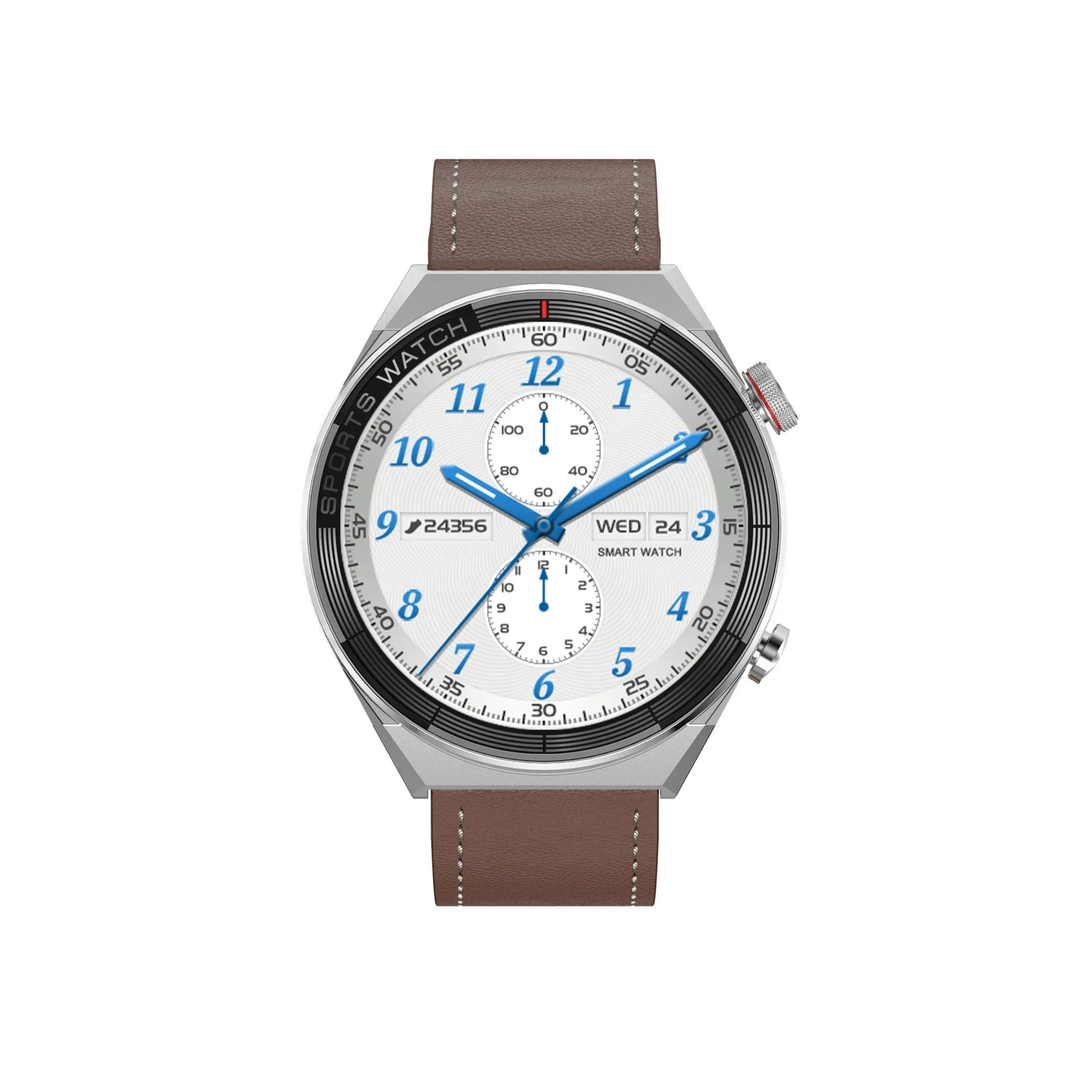 Black smart watch with 1.5-inch colour screen showing digital interface on leather strap