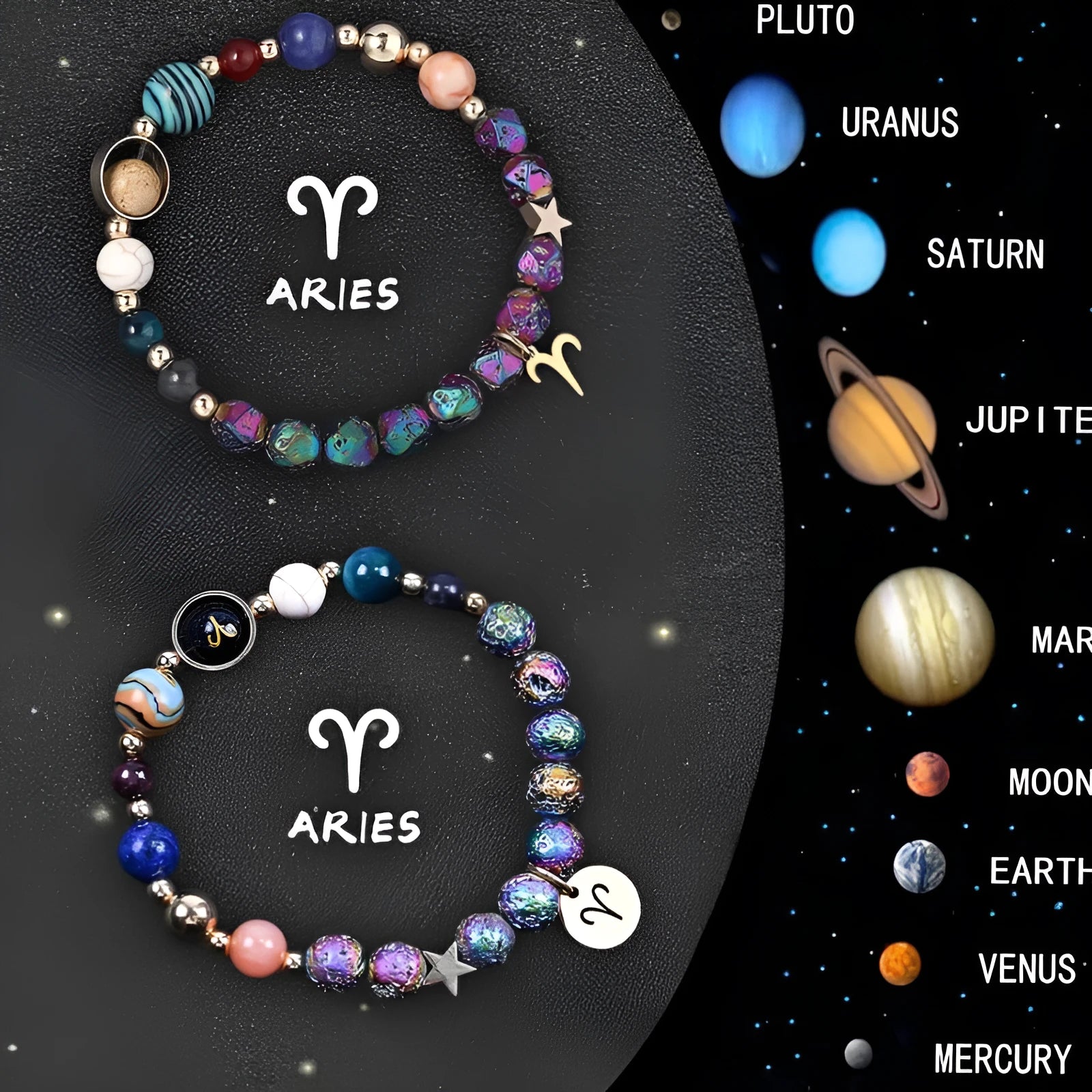 Two natural stone beaded bracelets with adjustable cords on a wooden surface, showing zodiac symbol designs.