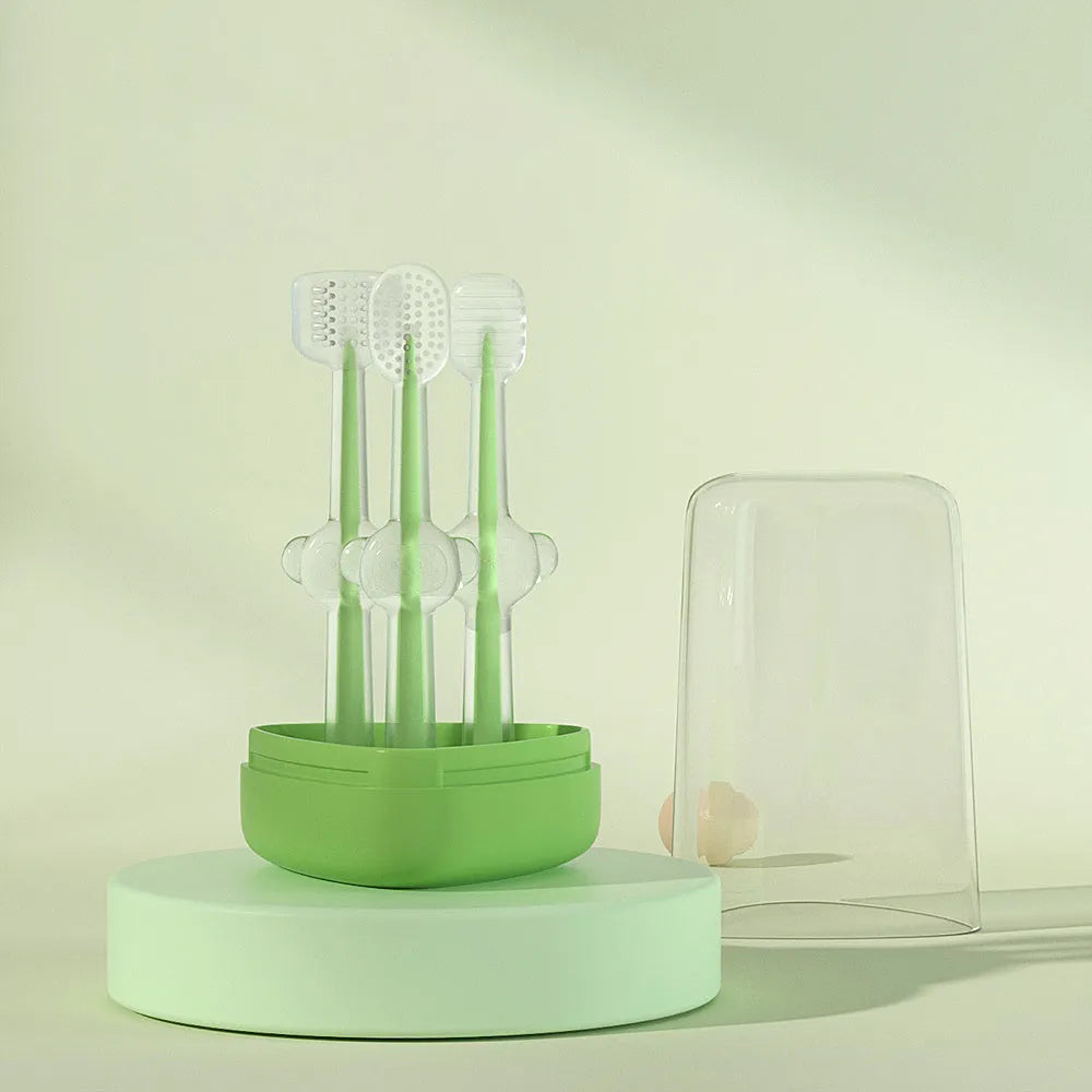 Soft silicone pet toothbrush for dogs and cats in purple, blue, and green colours with curved handle