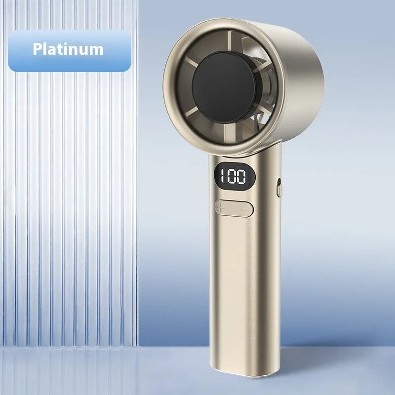 A handheld USB rechargeable fan with variable speed control, shown in green, khaki, silver, and white colour options.