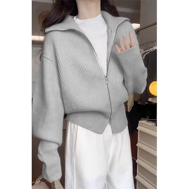 Hong Kong style double zipper knitted cardigan with floral pattern in loose fit free size