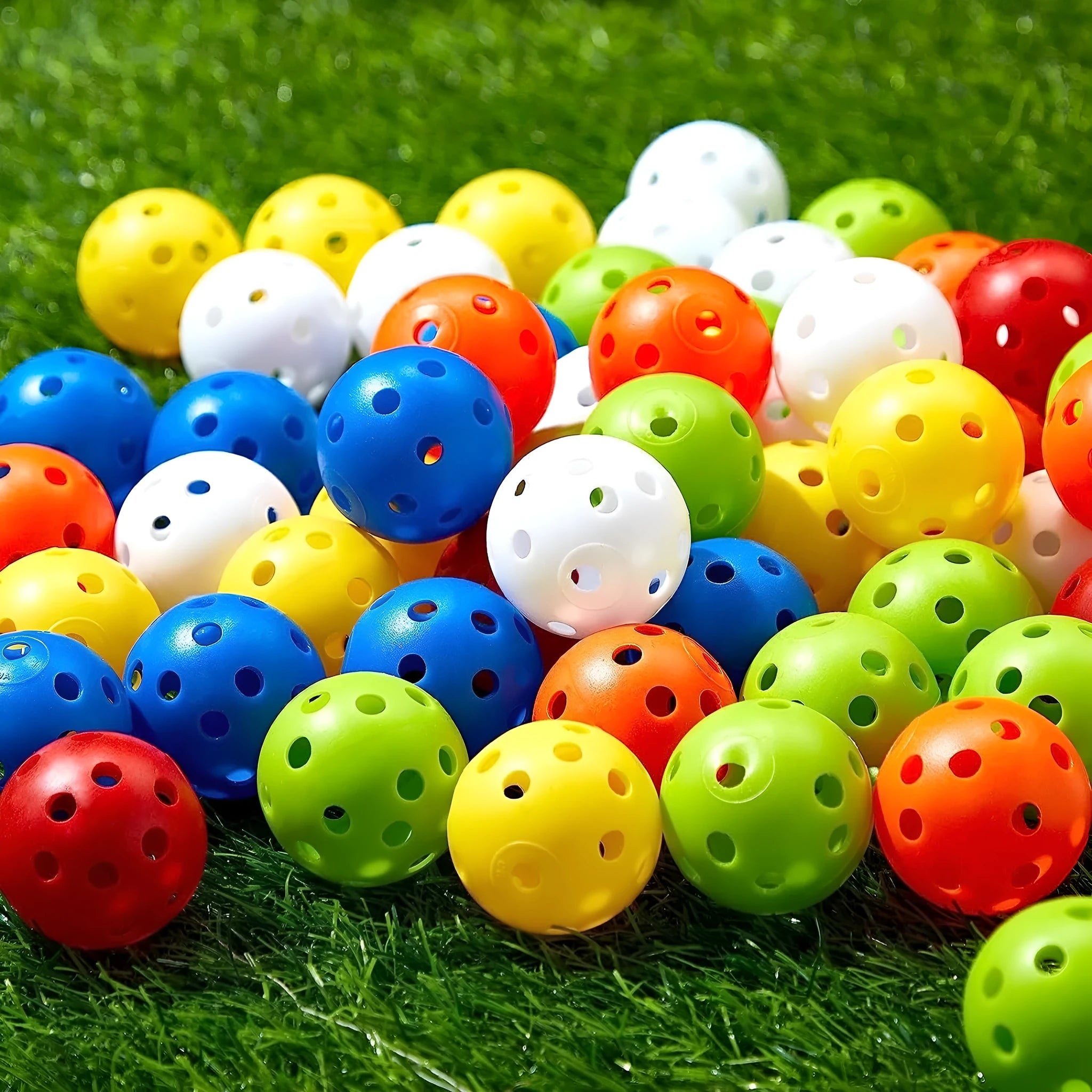 Multi-colour 42mm golf practice balls with 26-hole design in a net pocket.