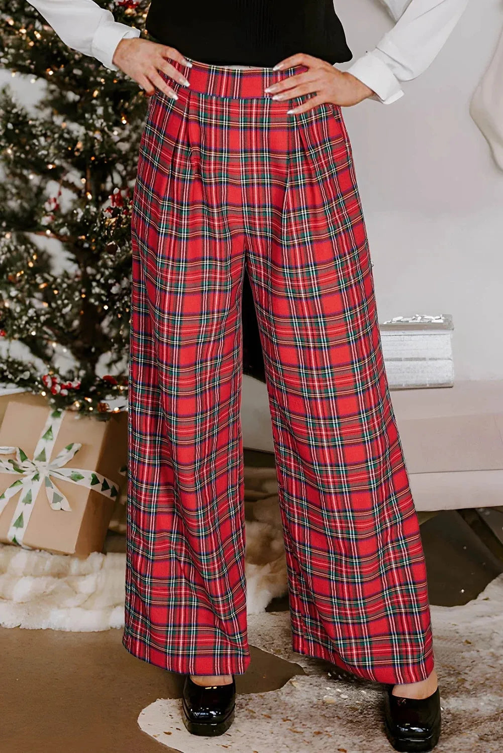 Red women's casual lattice loose trousers with elastic waist, loose fit, temperment commute style