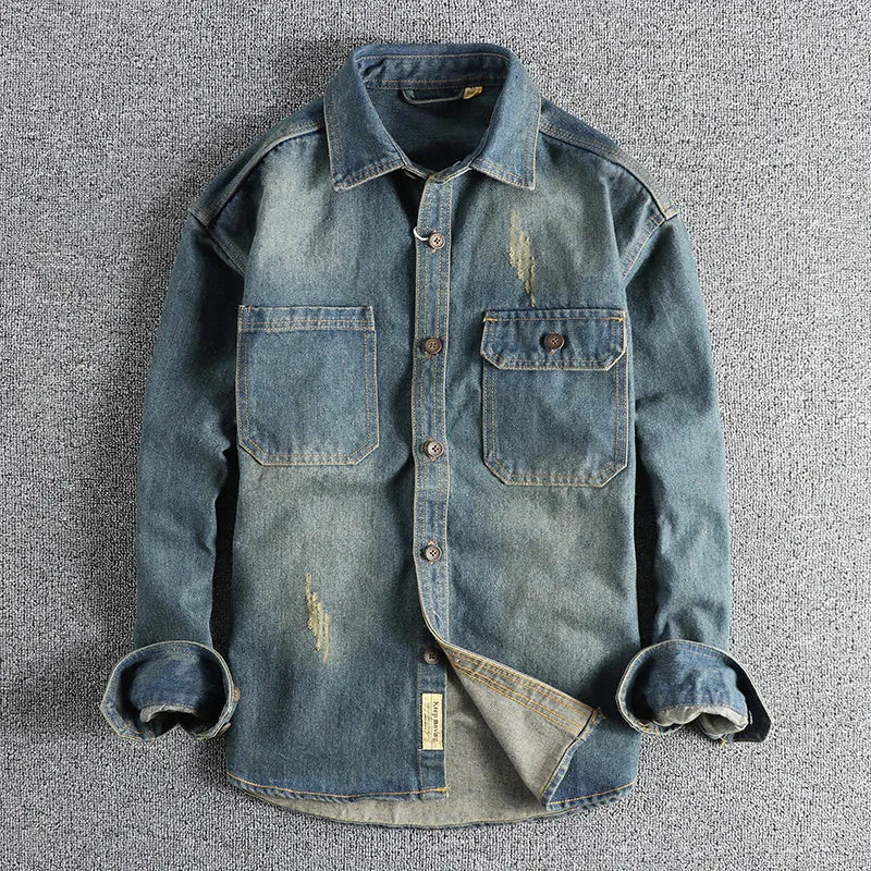 Men's vintage denim shirt in light blue washed cotton with loose cardigan fit and long sleeves