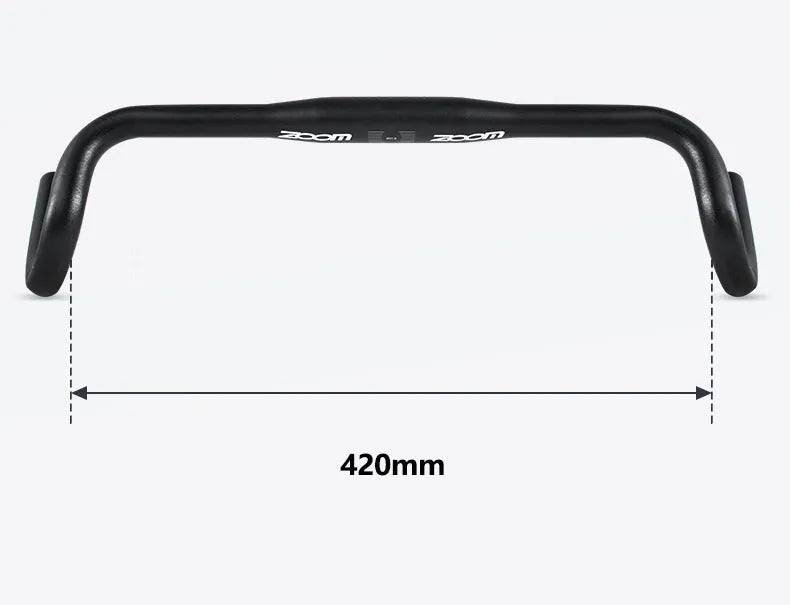 Black aluminium alloy road bike drop handlebar showing 420mm width and 31.8mm clamp area.