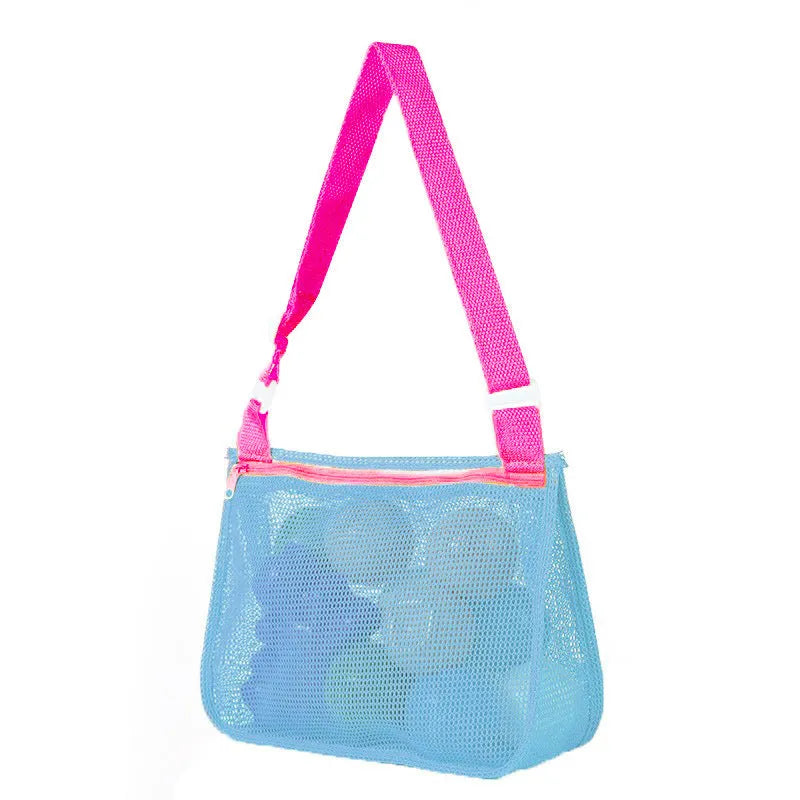 Blue nylon mesh travel storage bag with black handle and zip seal for children's clothing organisation
