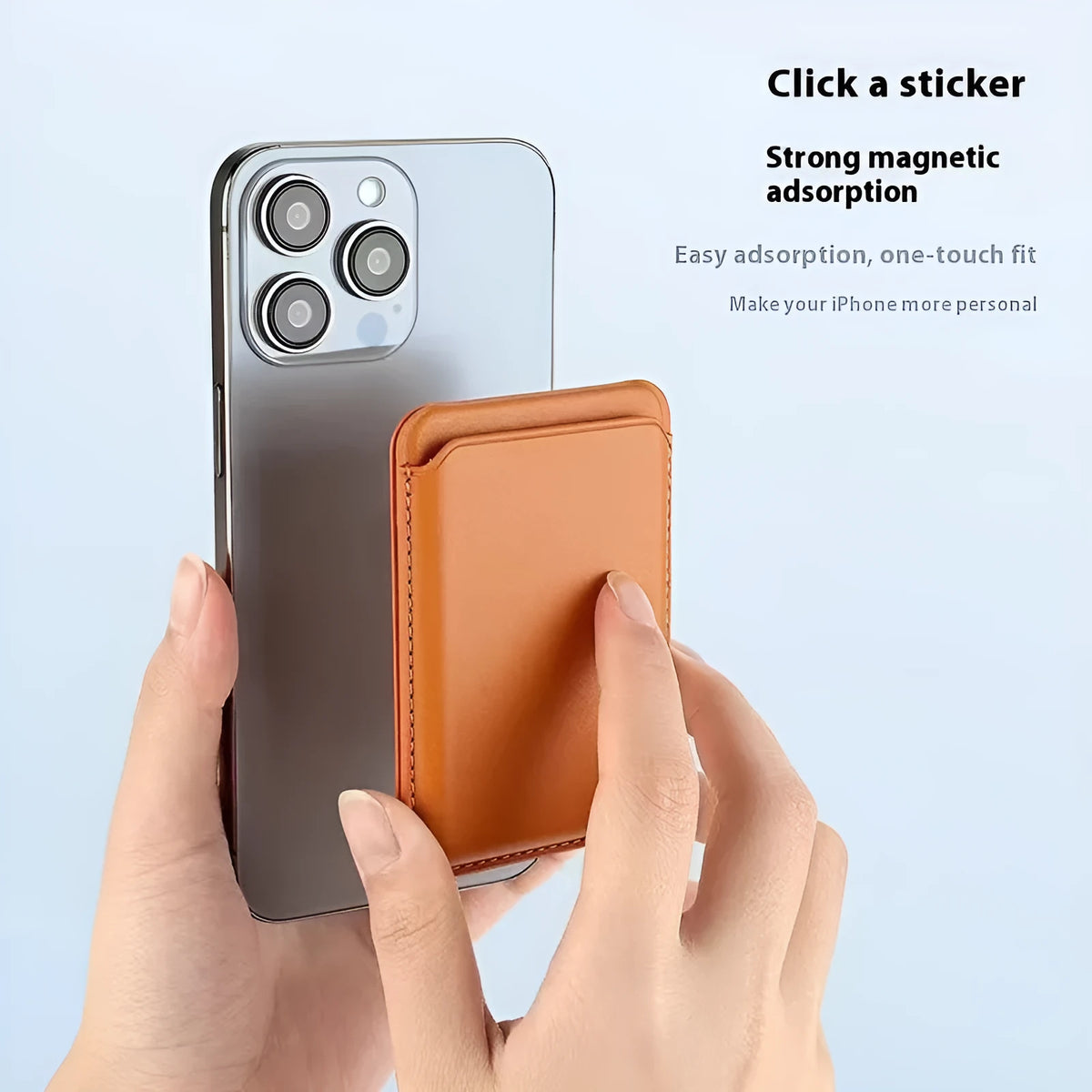 Magsafe magnetic card holder folding bracket in embossed imitation leather, 9.3 x 6.3 x 0.9 cm, shown in black