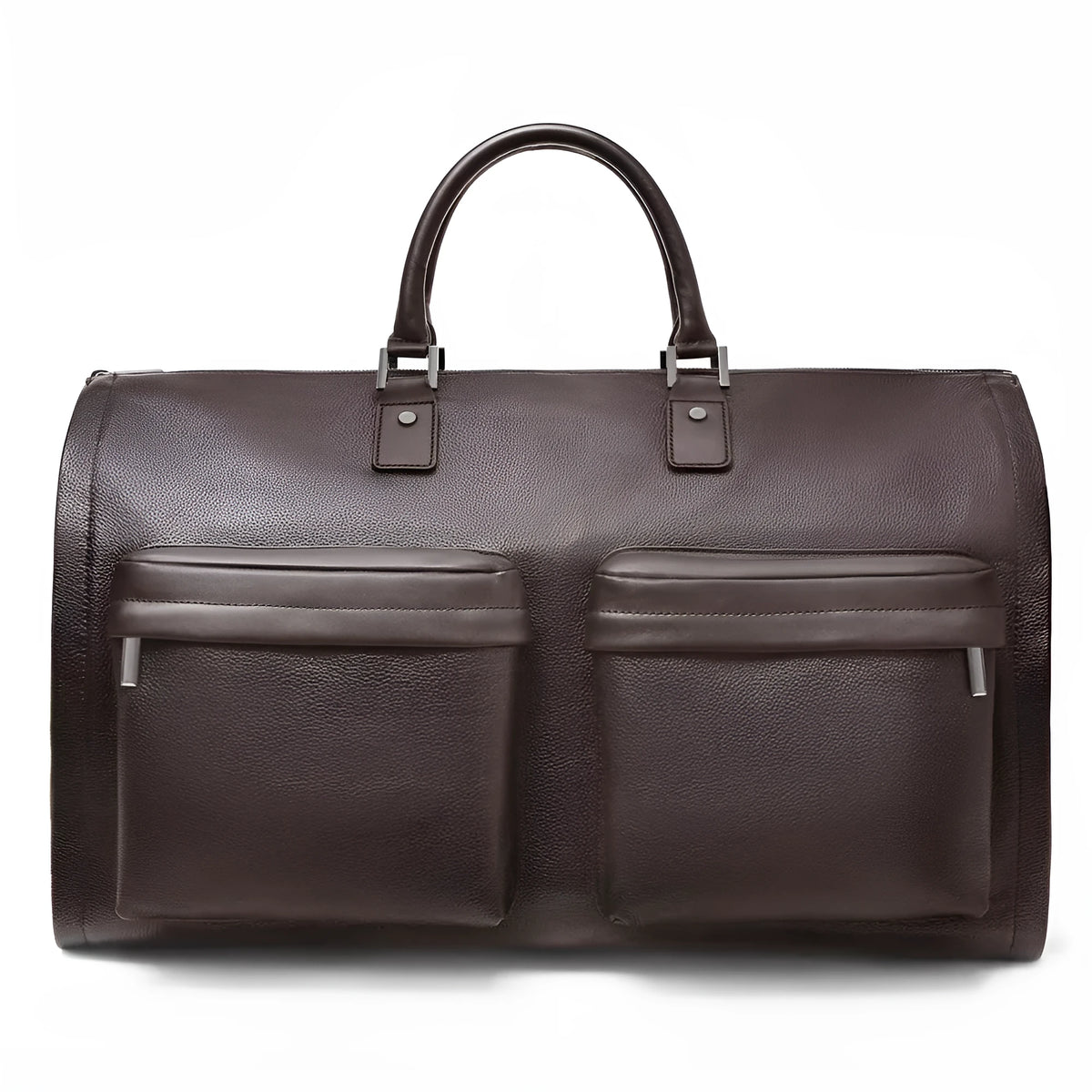 Brown genuine cowhide leather handbag with top handle and zip closure on beige background