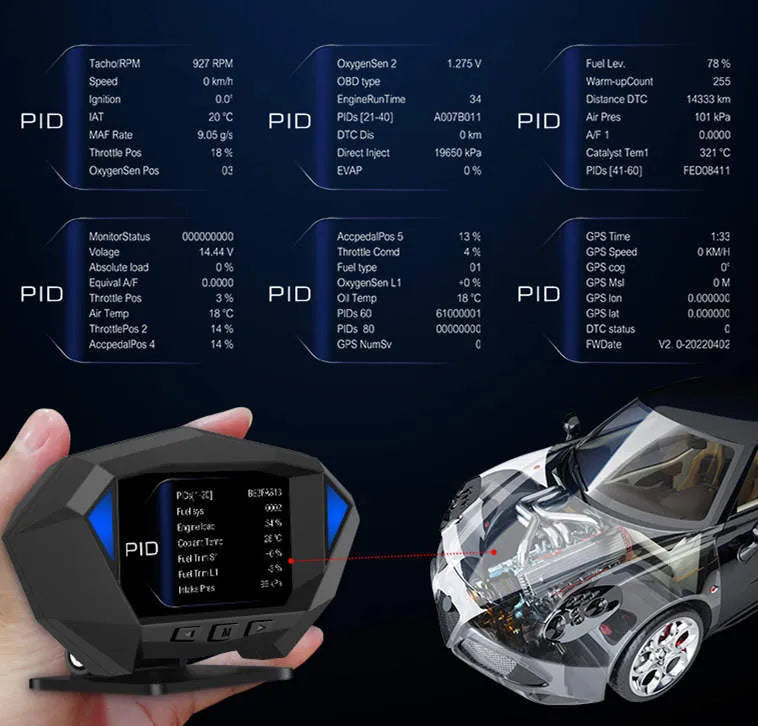 P1 black vehicle HUD head-up display unit with LCD screen, shown with OBD cable and anti-slip pad.