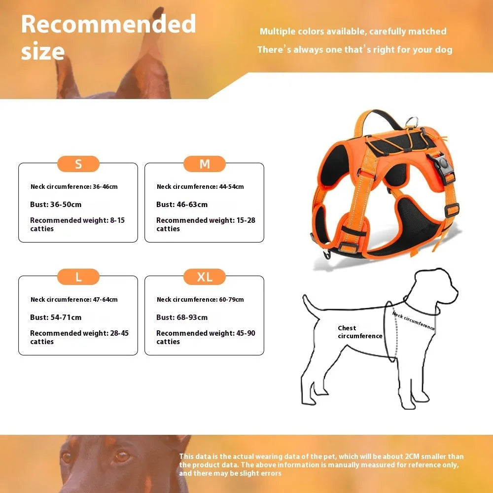 Orange dog harness vest with reflective strips, detachable hand-holding rope, and explosion-proof buckle closure