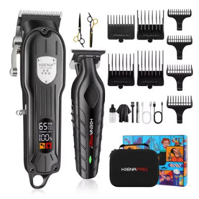 Black professional hair clipper set with aluminum foil shaver attachment and LED display