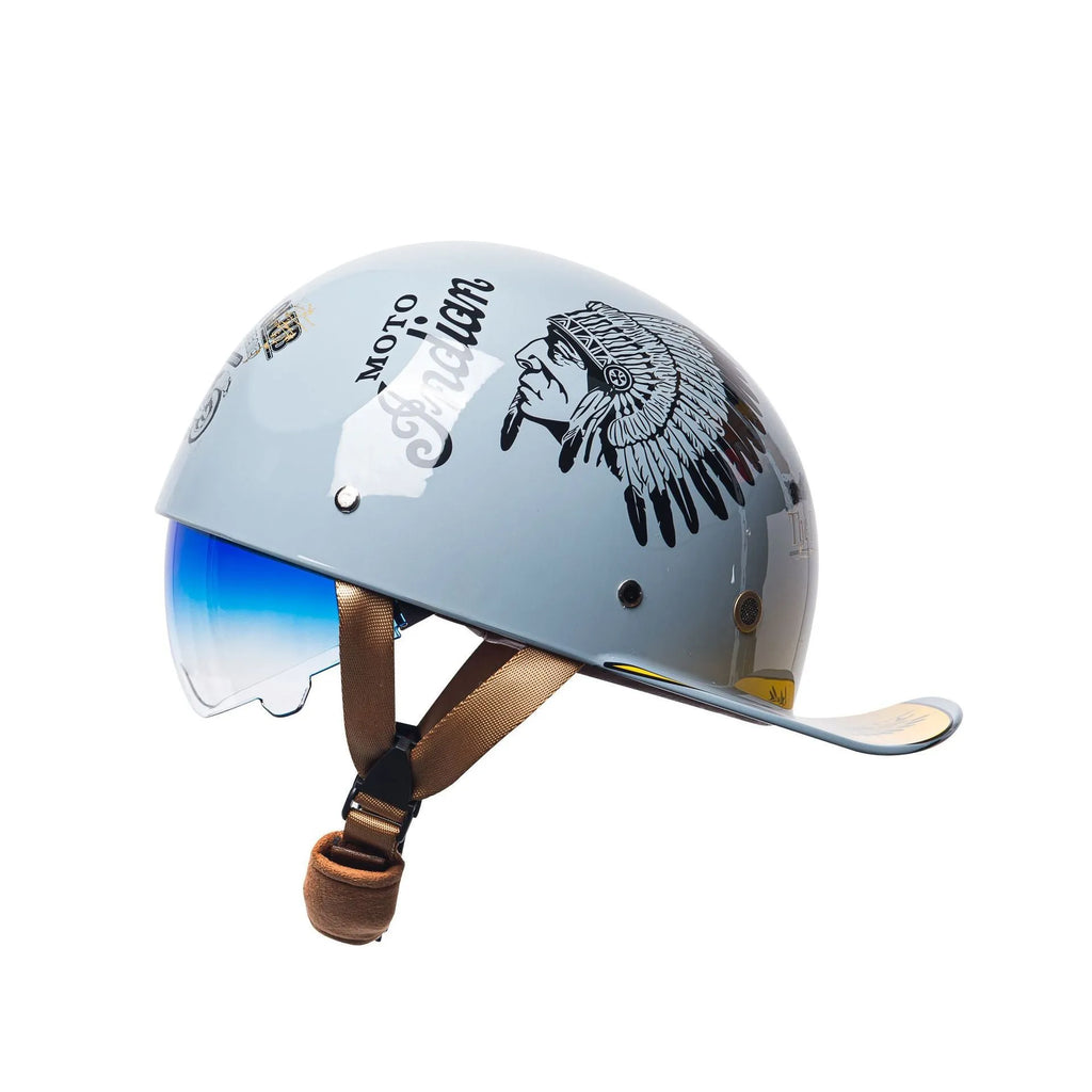 Men's retro half-shell bicycle helmet in bright black gradient blue colour with matching lens.