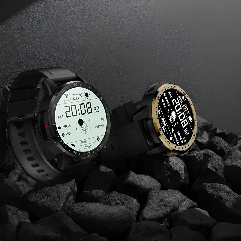 CT08 dual system smart watch in black with 1.6 inch HD TFT screen showing fitness interface